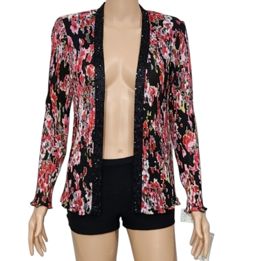 VTG  PATRA Women's Floral‎ sequin beaded Open front cardigan black/pink Size 6